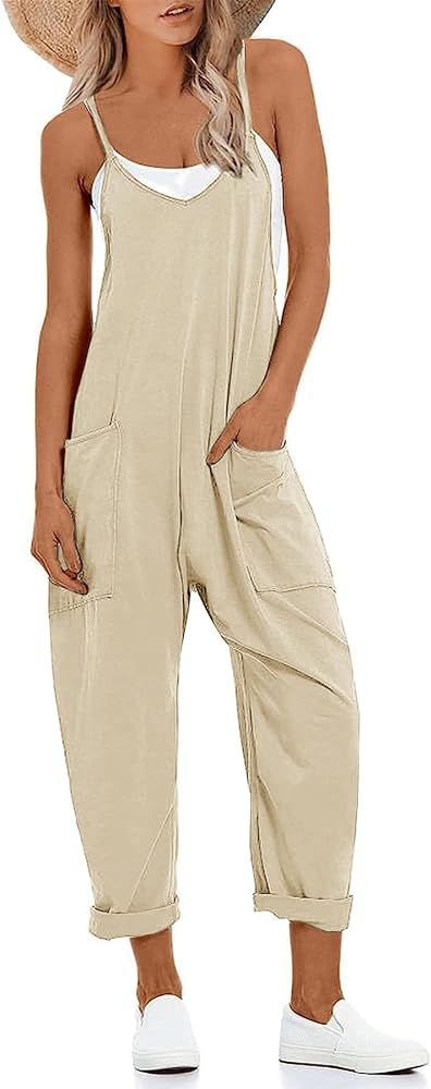 Women's V Neck Sleeveless Jumpsuits Spaghetti Straps Harem Long Pants Overalls With Pockets | Amazon (US)