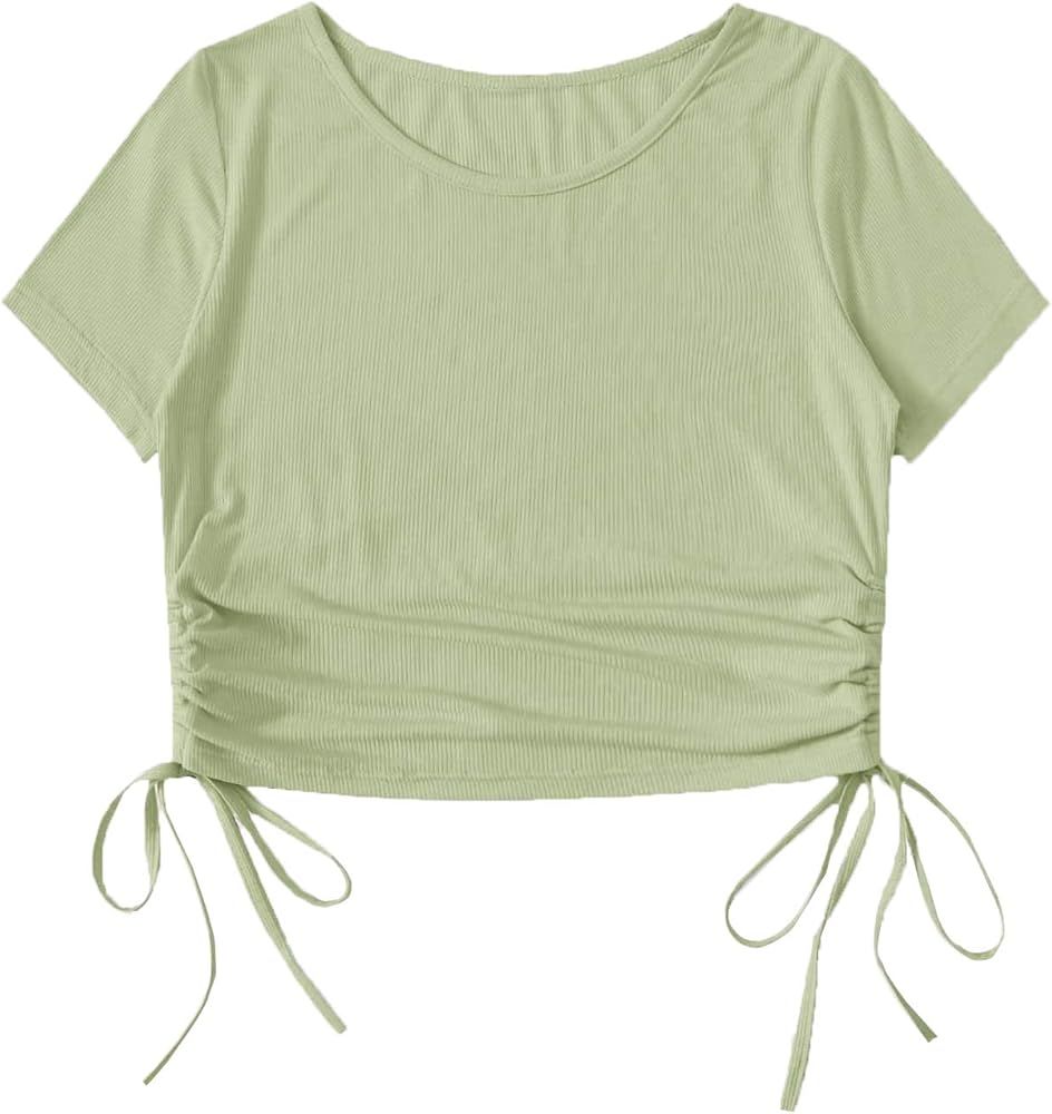 Milumia Women Casual Ribbed Short Sleeve Crop Tee Top Ruched Drawstring Side T Shirts | Amazon (US)