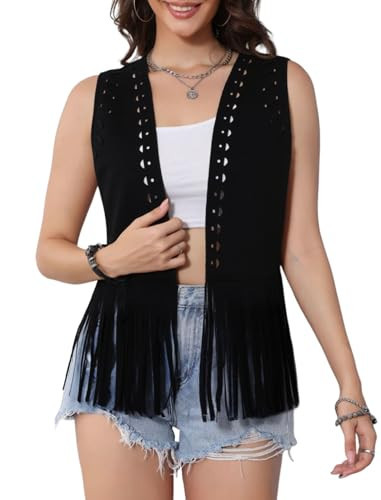 HYTENSUN Women's Tassel Sleeveless Vest 70s Hippie Faux Suede Fringe Jacket Cardigan Western Cowboy Outfit Black S | Amazon (US)