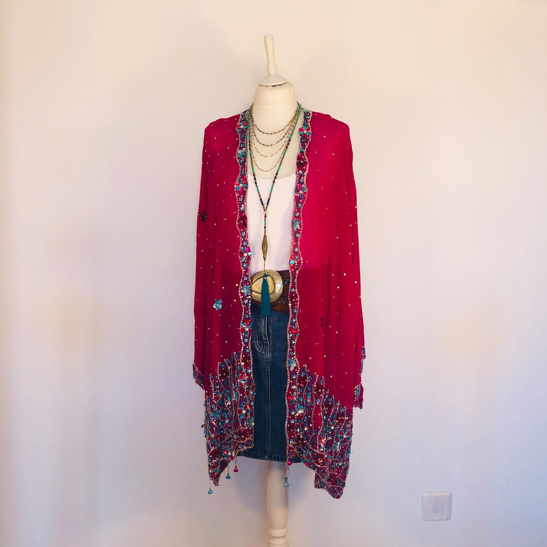 Boho Sequinned Party Kimono,vintage Beaded Cardigan,fuschia and Silver Robe,silk Duster,bell Slee... | Etsy (US)