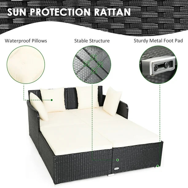 Costway Outdoor Patio Rattan Daybed Pillows Cushioned Sofa Furniture Beige - Walmart.com | Walmart (US)