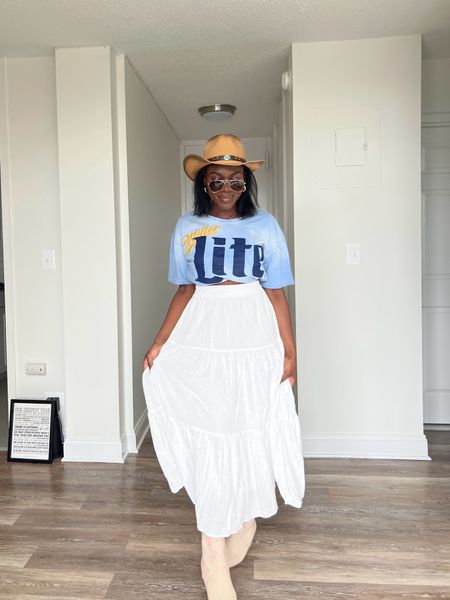Stagecoach outfit, Festival outfit, festival style, spirit jersey, ootd, maxi skirt outfit, flowy skirt, crop top, comfy outfit, Coachella outfit, cowboy boots

#LTKFestival #LTKsalealert #LTKfindsunder100