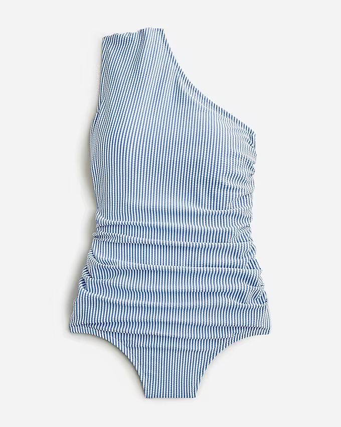 Long-torso ruched one-shoulder one-piece swimsuit in seersucker stripe | J.Crew US