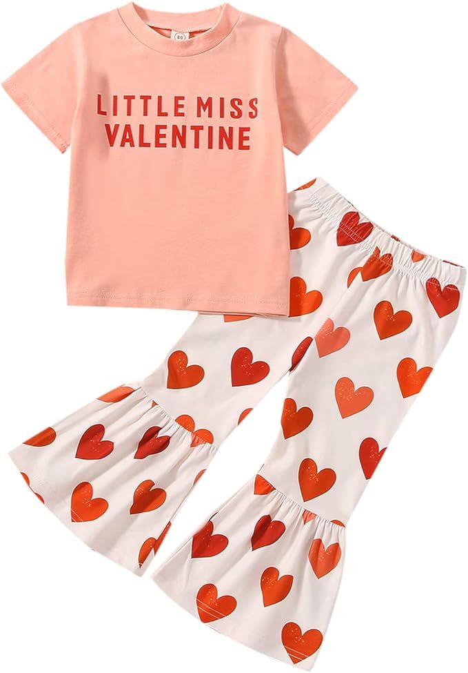 Toddler Baby Girl Outfit Valentines Day Little Miss T Shirt Top Love Heart Bell Buttoms Pants Spr... | Amazon (US)