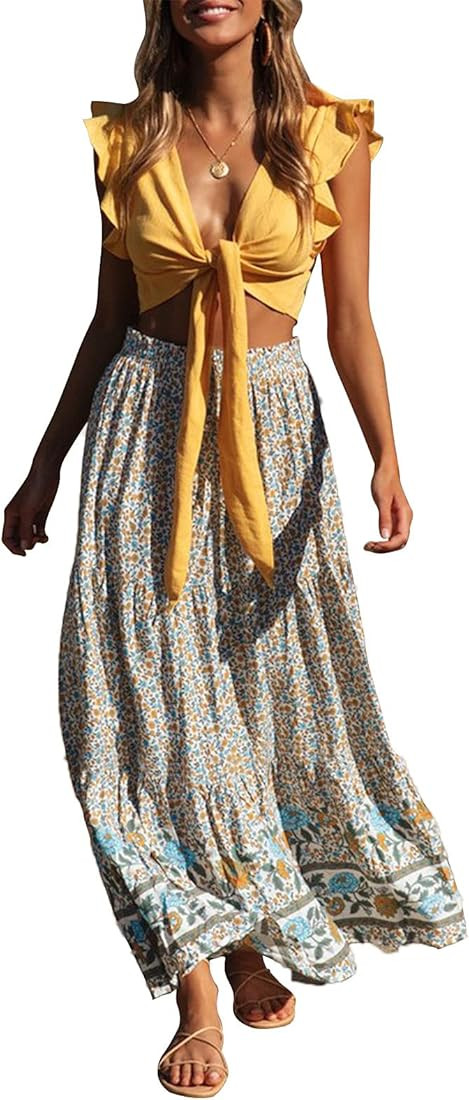 ZESICA Women's Summer Bohemian Floral Printed Elastic Waist A Line Maxi Skirt with Pockets | Amazon (US)