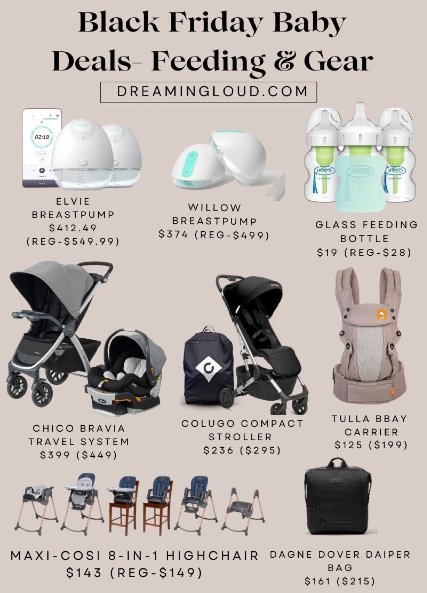 Black Friday baby deals- feeding and travel essentials 
@elvie breastpump 
@willow portable breast pump 
@drbrowns glass milk bottles 
@chico travel system 
@colugo travel stroller 
@tulla baby carrier 
@maxosi high chair 
@dagnedover dapper bag

#LTKGiftGuide #LTKbaby #LTKCyberWeek