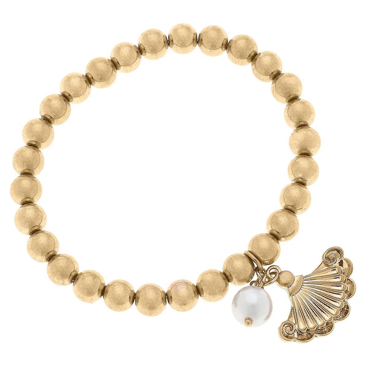 Brigitte French Fan & Pearl Charm Ball Bead Stretch Bracelet in Worn Gold | CANVAS