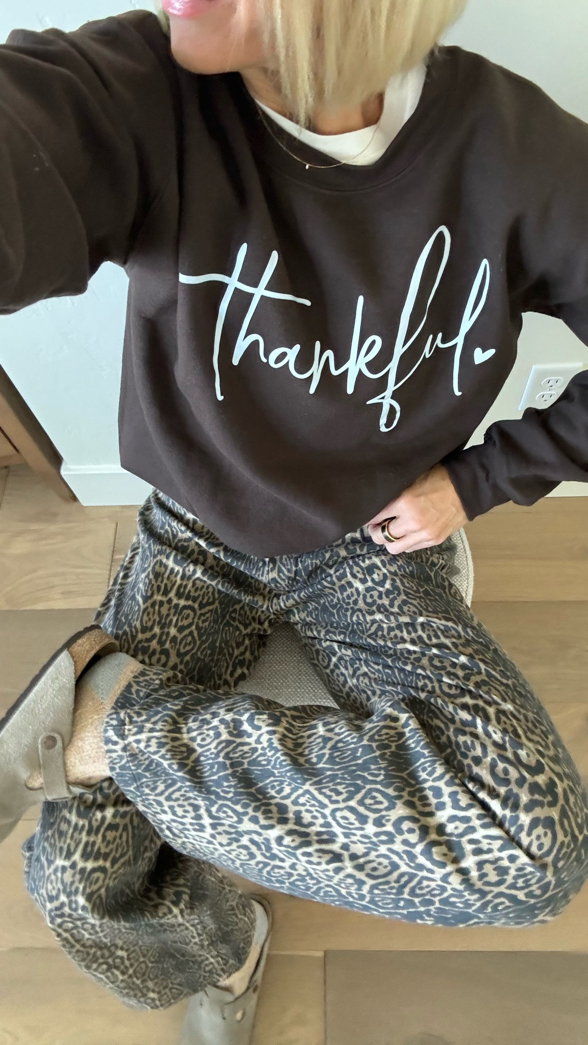 I get why these Amazon leopard pants have so many five star reviews, AND part of BLACK FRIDAY DEALS.👏🏼 Such a good fit and print. I suggest sizing up one size. I’m wearing a 6 (always a 4).
Cute ‘Thankful’ sweatshirt fits true to size, I’m in a medium. Use coupon code: BETHANY10 for an additional discount.

Thanksgiving outfit 
Jeans


#LTKCyberWeek #LTKSaleAlert #LTKHoliday