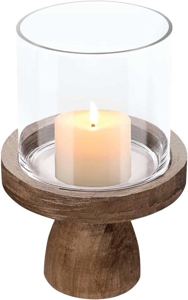 7" Wide Farmhouse Glass Hurricane Candle Holder & Glass Vase with Vintage Natural Sturdy Solid Wo... | Amazon (US)