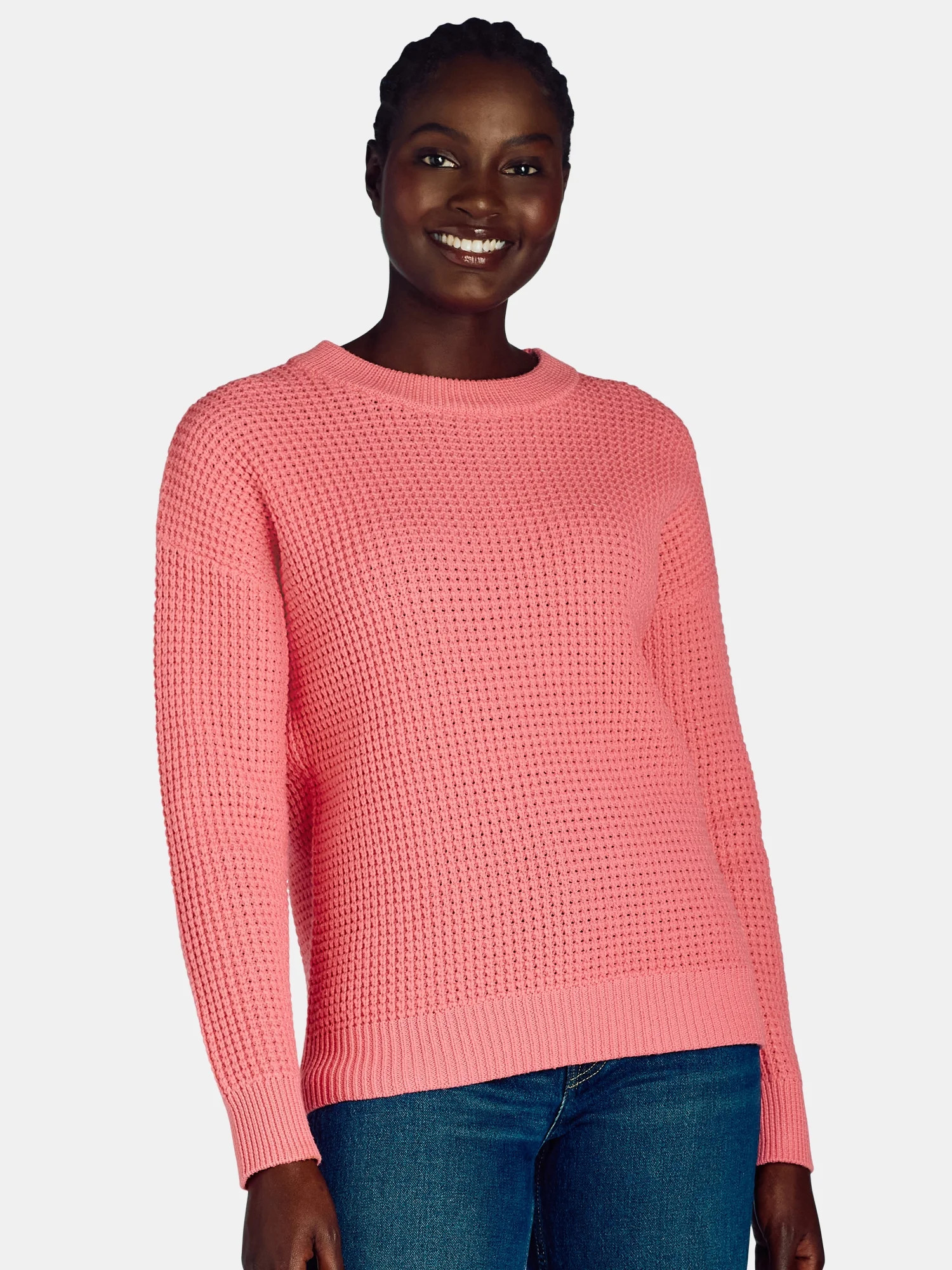 Time and Tru Woman's Waffle Stitch Sweater with Long Sleeves, Midweight, Sizes XS-XXXL | Walmart (US)