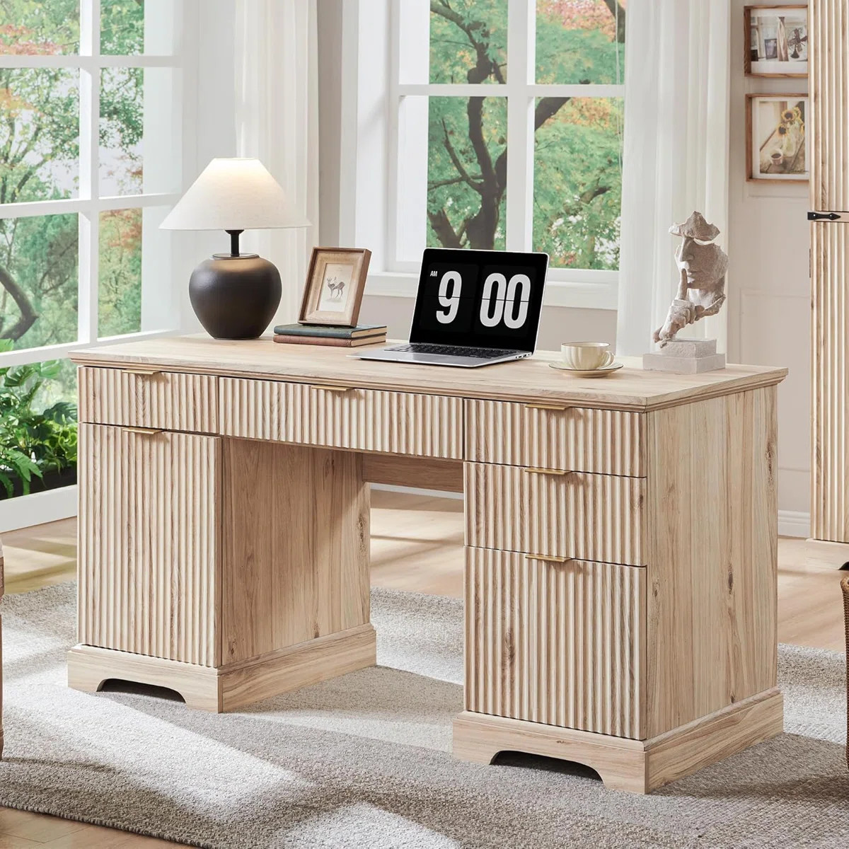Modern Executive Desk With 5 Drawers Of Different Dizes, Wood Home Office Desk With Power Outlet ... | Wayfair North America