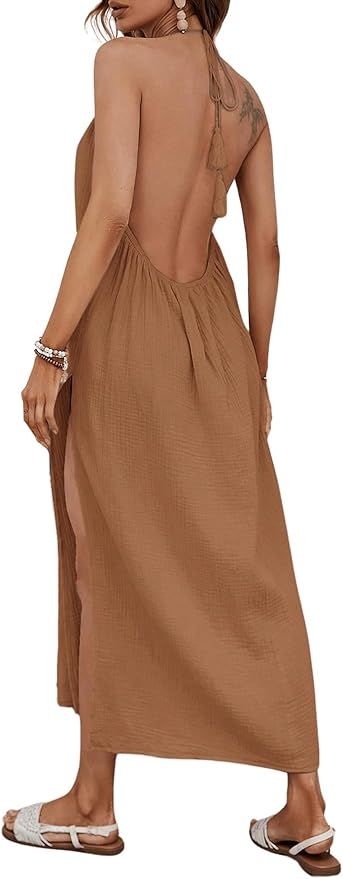 COZYEASE Women's Summer Dress Halter Sleeveless High Split Casual Backless Dress Long Beach Dress... | Amazon (US)