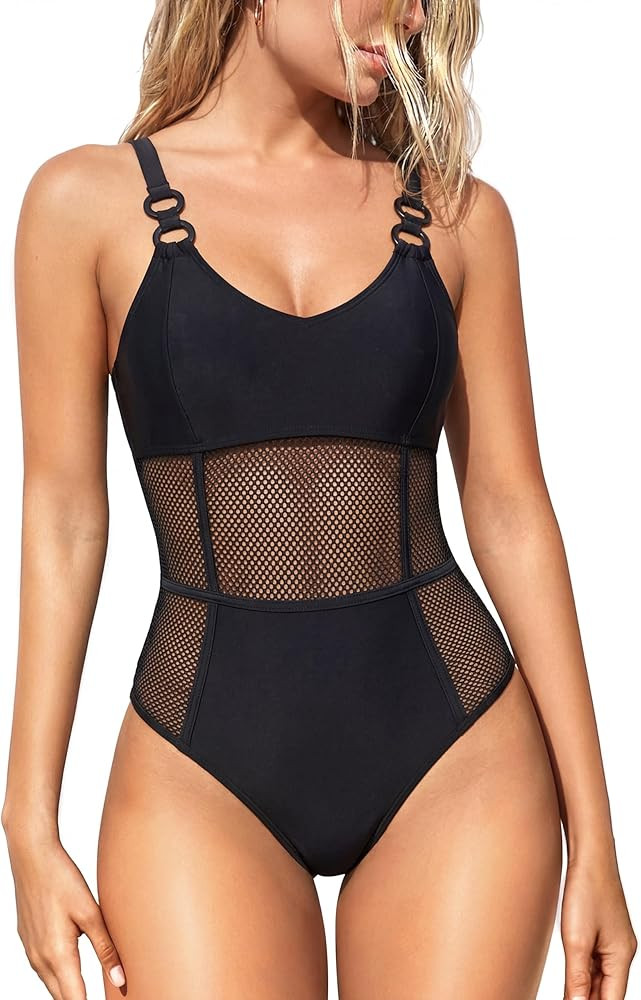 OOQ Women’s One-Piece Swim Tummy Control Slimming Mesh Sheer Swimsuit Adjustable Straps Push Up... | Amazon (US)