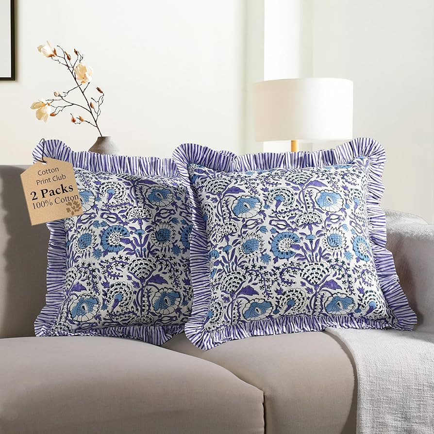 CPC Aqua Blue Ruffle Throw Pillow Covers for Couch, 24x24 Inch Cotton Stripe Ruffle Couch Pillows... | Amazon (US)