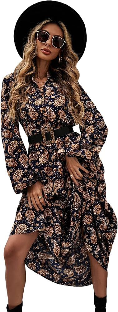 MakeMeChic Women's Boho Maxi Shirt Dress Without Belt Paisley Print Long Lantern Sleeve | Amazon (US)