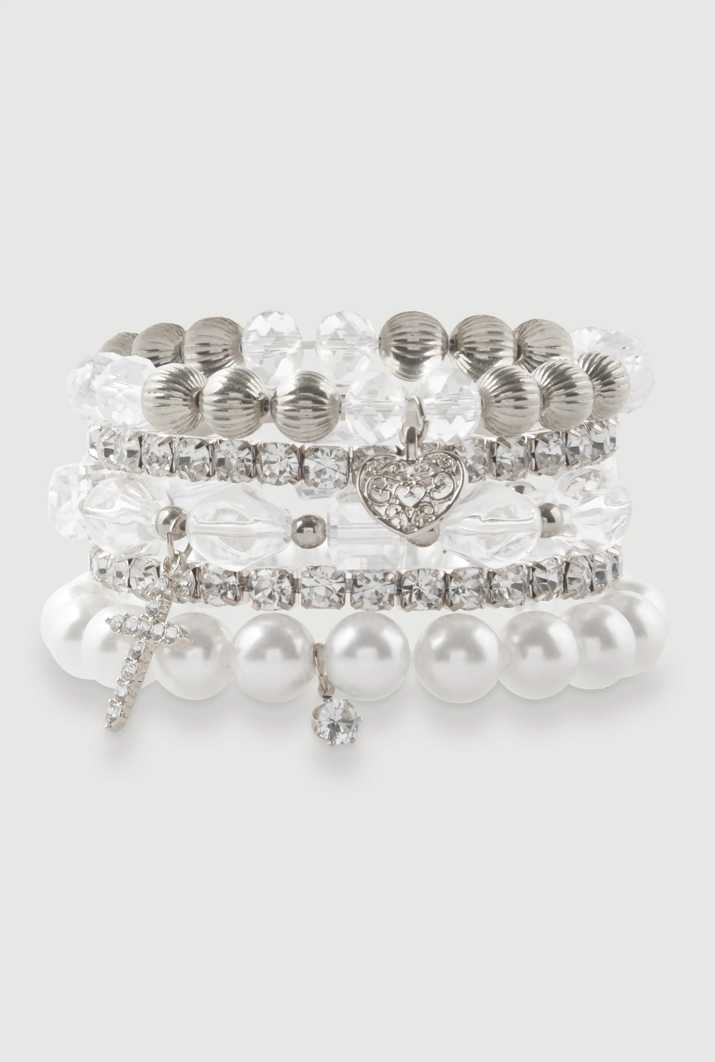 Faux Pearl Rhinestone Charm Stretch Bracelets Set of 5 | Rainbow Shops