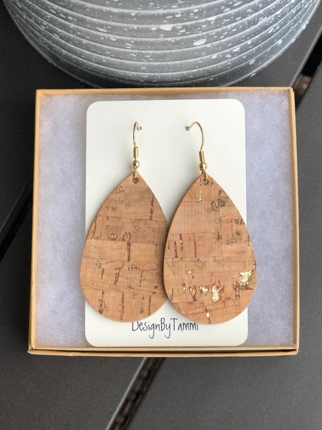 Natural Cork W/gold Metallic Flecks on Leather Teardrop Earrings - Etsy | Etsy (US)