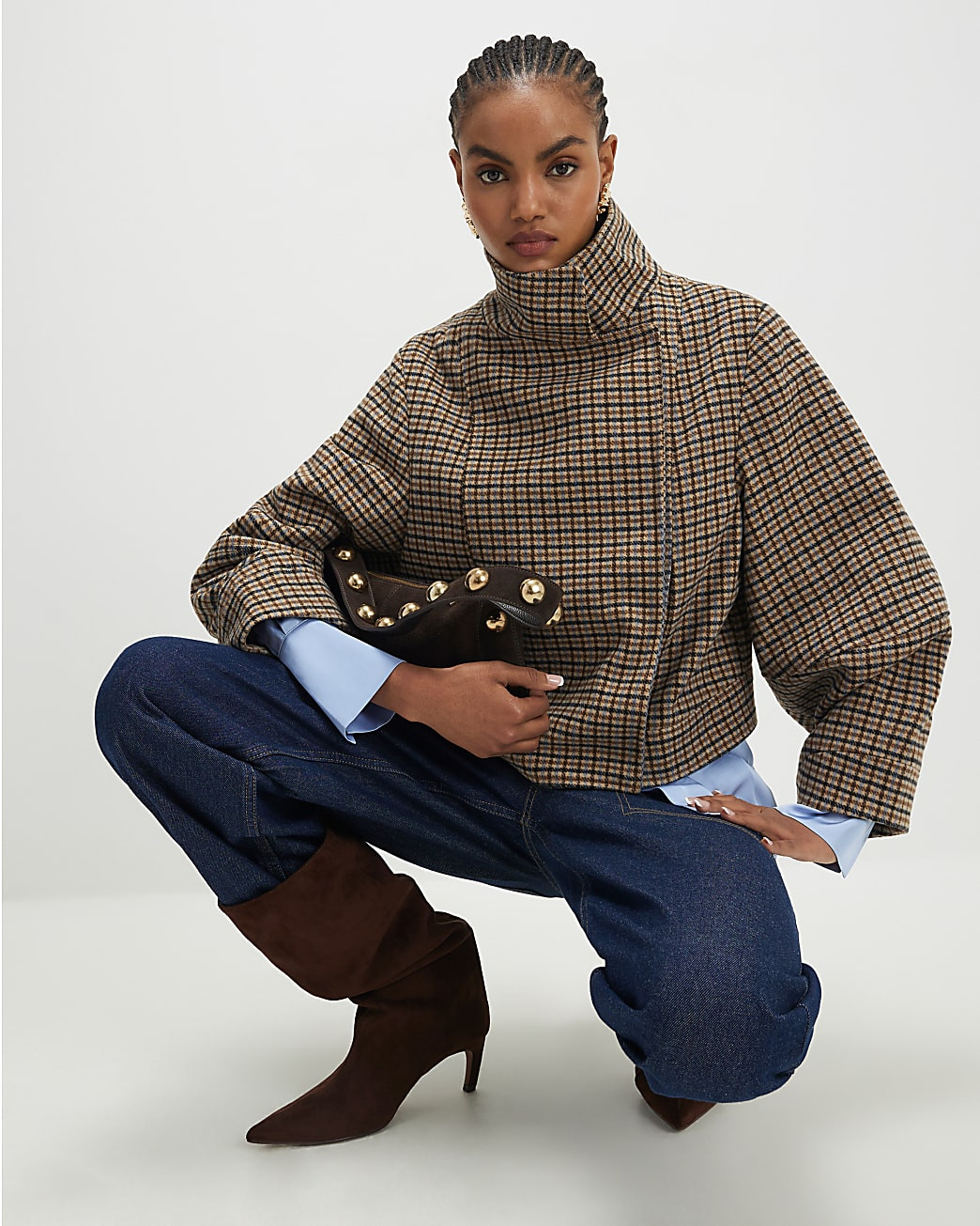 Brown Check Funnel Neck Jacket | River Island UK & IE