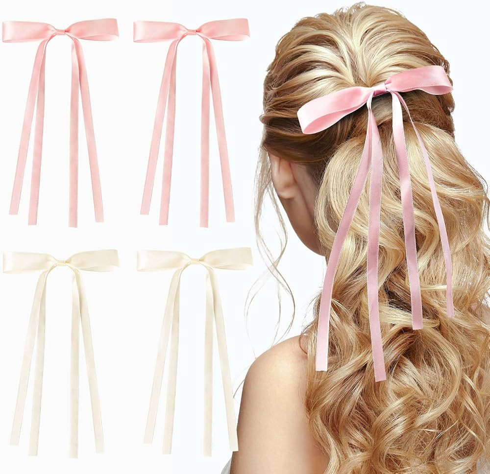 EHBELIF Hair Bows for Women 4PCS Bow Hair Clips Pink Hair Ribbon Bow Tassel Hair Bow with Long Ta... | Amazon (US)