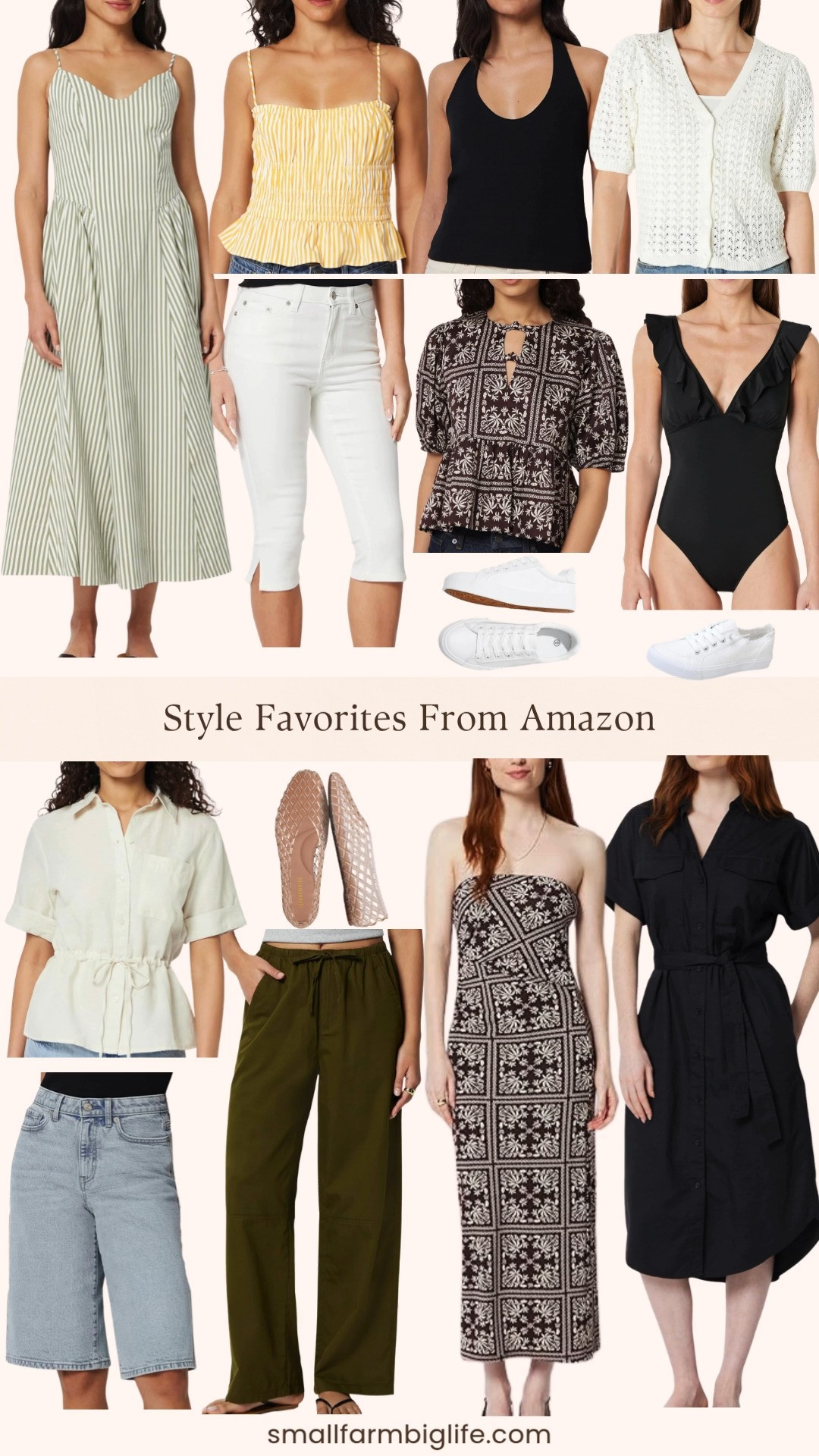 These pieces feel so fresh for summer and Amazon has such great quality for the price. The green and white striped midi dress and the maroon strapless maxi dress are two of my favorite dressier options, and the crochet cardigan and linen blend shirt are perfect for layering on cooler evenings. I love the high rise capris and wide leg jeans for an easy everyday look, and the smocked tank and ribbed halter are great basics to build outfits around. The black belted shirt dress is so versatile for work or weekend, and the ruffle one piece swimsuit is a great option for pool days. Finish any look with the lattice ballet flats or white sneakers. Tap to shop! 

 #LTKgrwm #LTKootd #LTKOver40