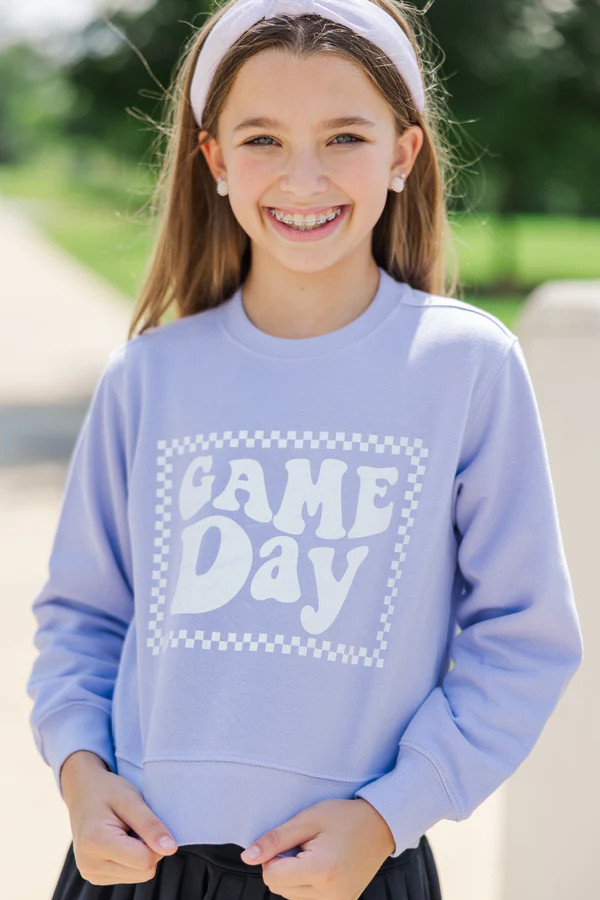 Girls: Retro Game Day Lavender Purple Graphic Sweatshirt | The Mint Julep Boutique