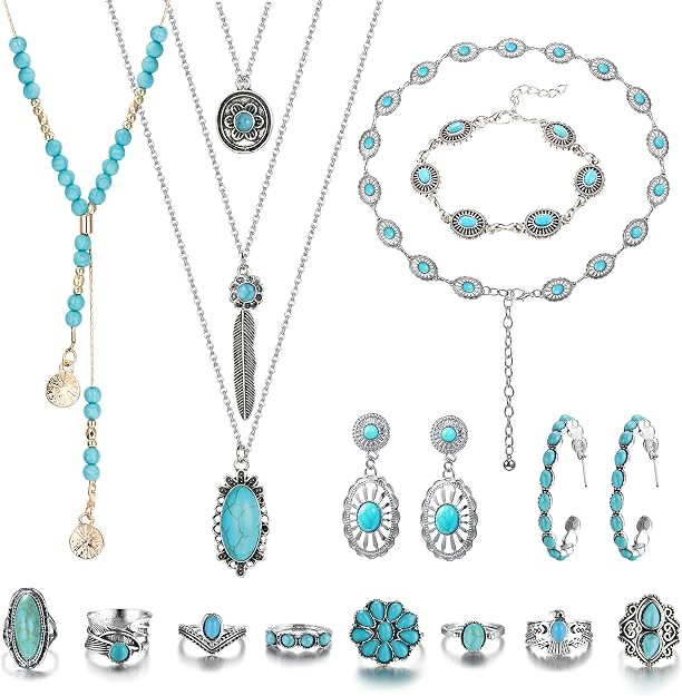 Florideco Bohemian Turquoise Jewelry for Women Men Western Set Adjustable Belt Rings and Necklace... | Amazon (US)