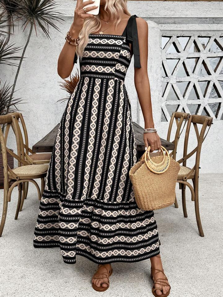 Breezaya Women's Geometric Printed Sleeveless Dress, Suitable For Summer Maxi Vacation Beach Outfit | SHEIN