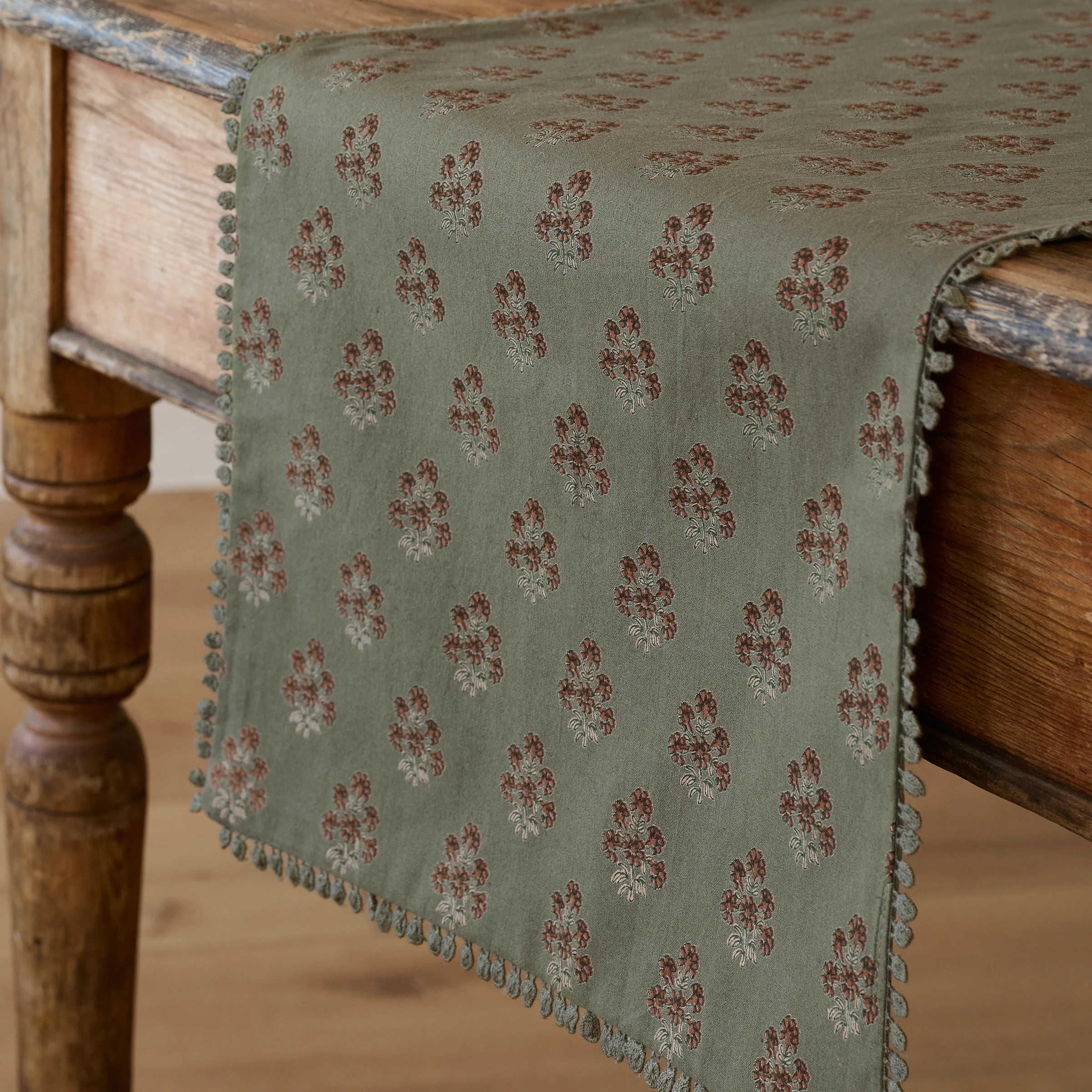 Magnolia Olive Green Block Printed Table Runner | Magnolia