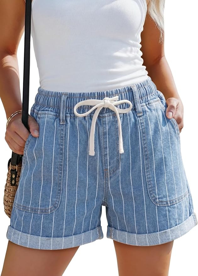 SANMM Jean Shorts Women High Waisted Drawstring Elastic Waist Summer Stretchy Denim Jorts with Po... | Amazon (US)