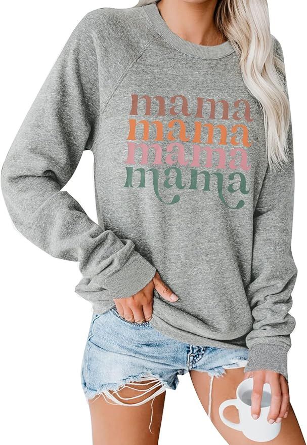 Blooming Jelly Women's Mama Sweatshirt Crewneck Long Sleeve Tops Casual Letter Print Cute Shirts ... | Amazon (US)