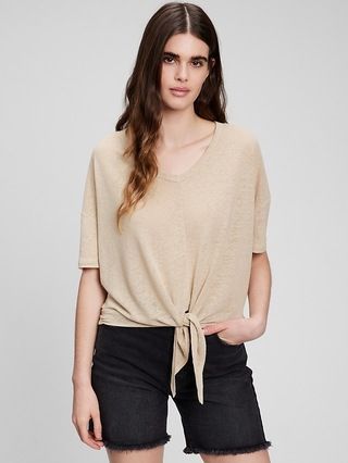 Linen Blend V-Neck Tie-Front T-Shirt | Gap (US)
