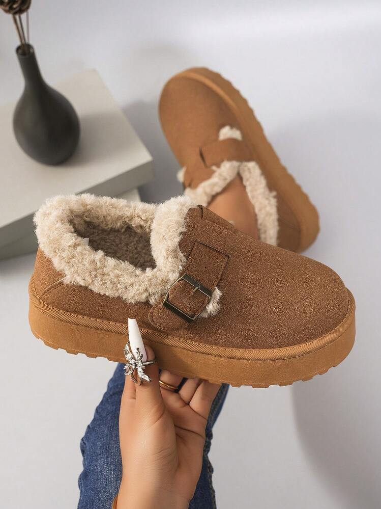 New Style Women's Brown Round Toe Buckle Strap Back Zipper High Heeled Casual Winter Snow Ankle Boots With Warm Lining And Thick Sole | SHEIN