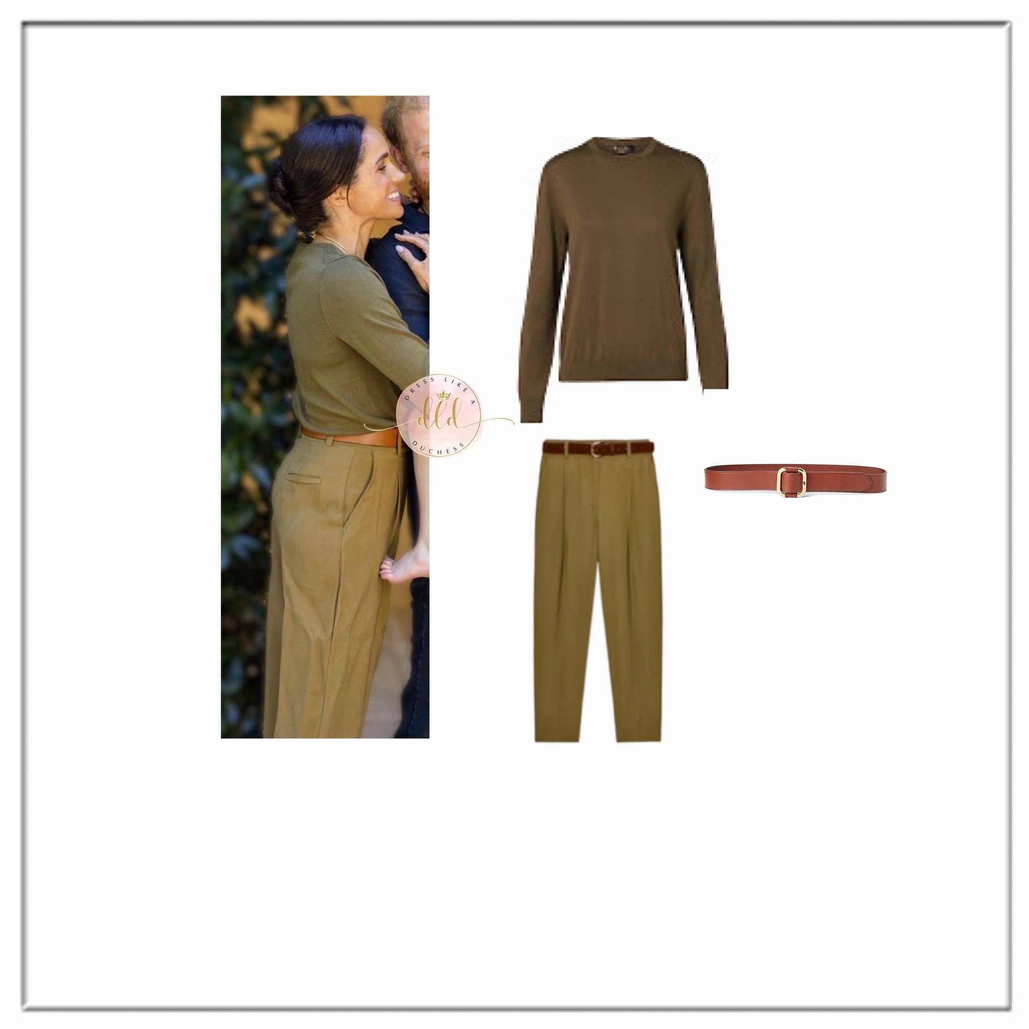 6/4/26 Meghan Markle celebrating daughter Princess Lilibet’s 5th birthday wearing a new Loro Piana sweater + Zara pleated trousers with belt in khaki (not linkable) + Ralph Lauren slider belt