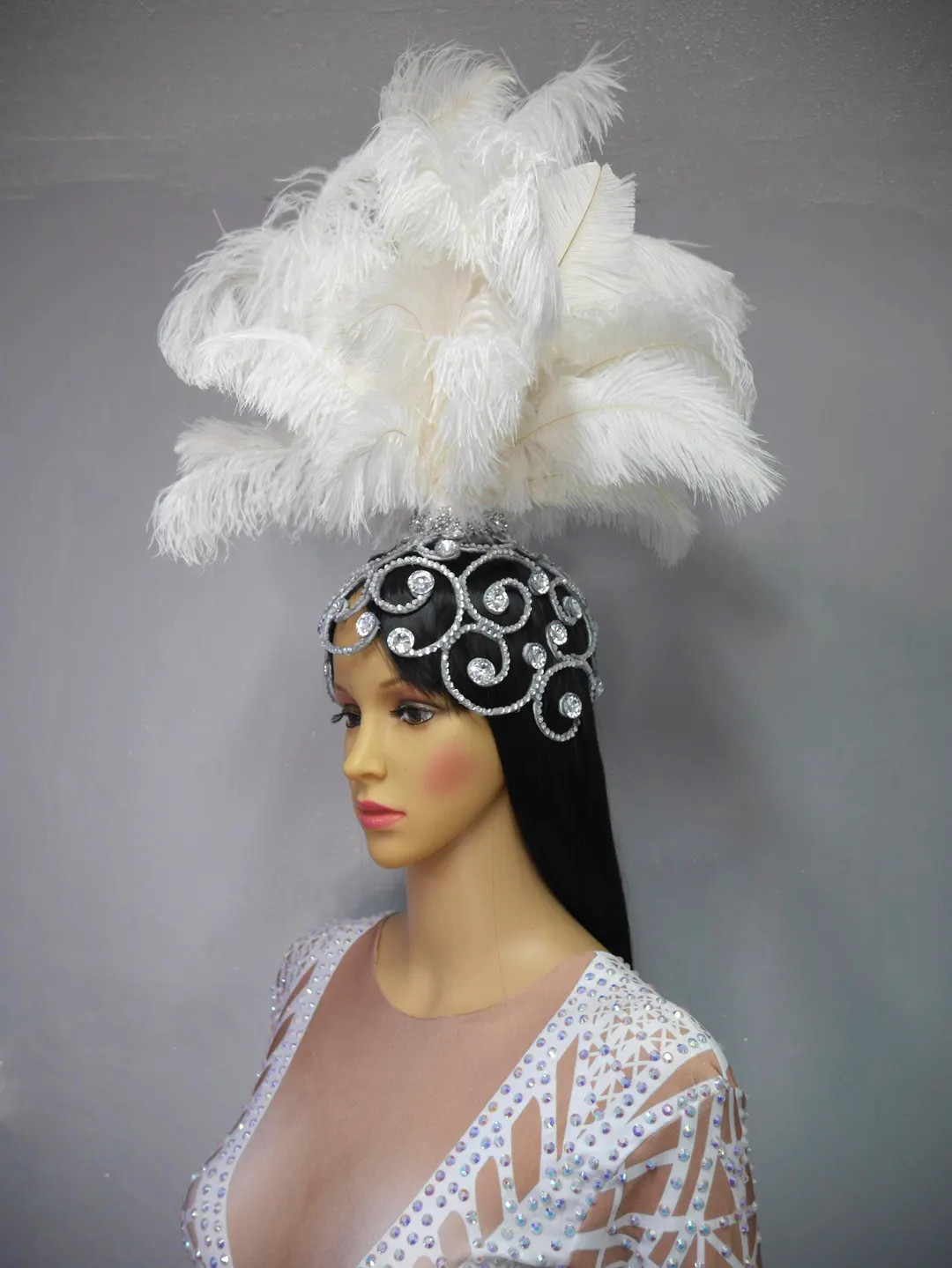 Showgirl White Ostrich Feather Headdress Headpiece With Rhinestone Detailing - Handmade and Custo... | Etsy (US)