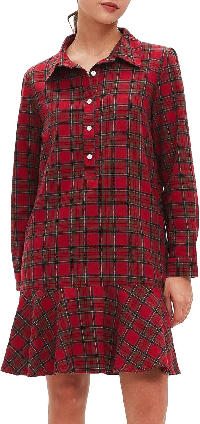 Women's Plaid Tunic Dress V Neck Button Down Collar Mini Dress Flowy Swing Shift Christmas Dress | Amazon (US)