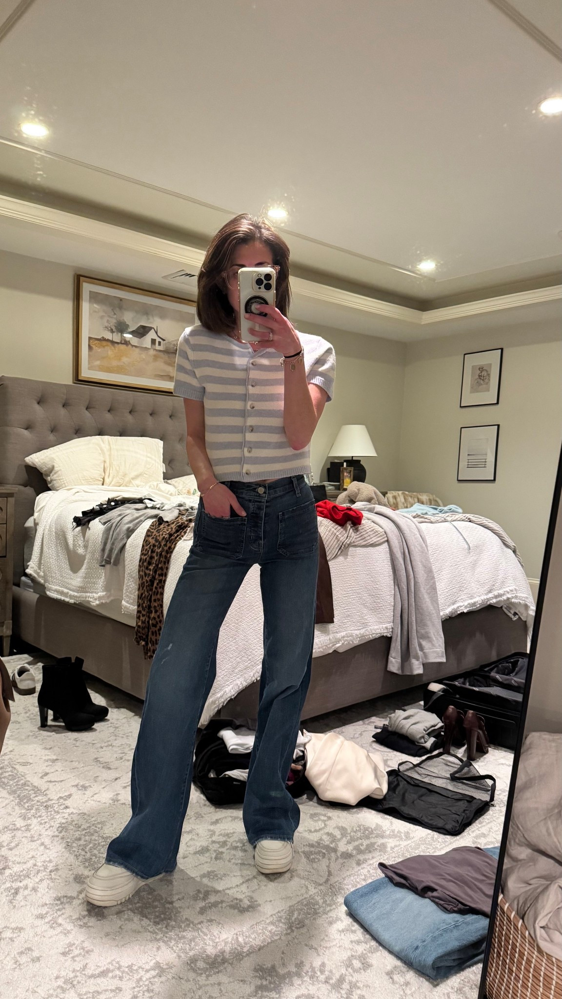 Denim platform sneakers striped crop sweater/cardigan 

#LTKmomlife #LTKgrwm #LTKdayinmylife