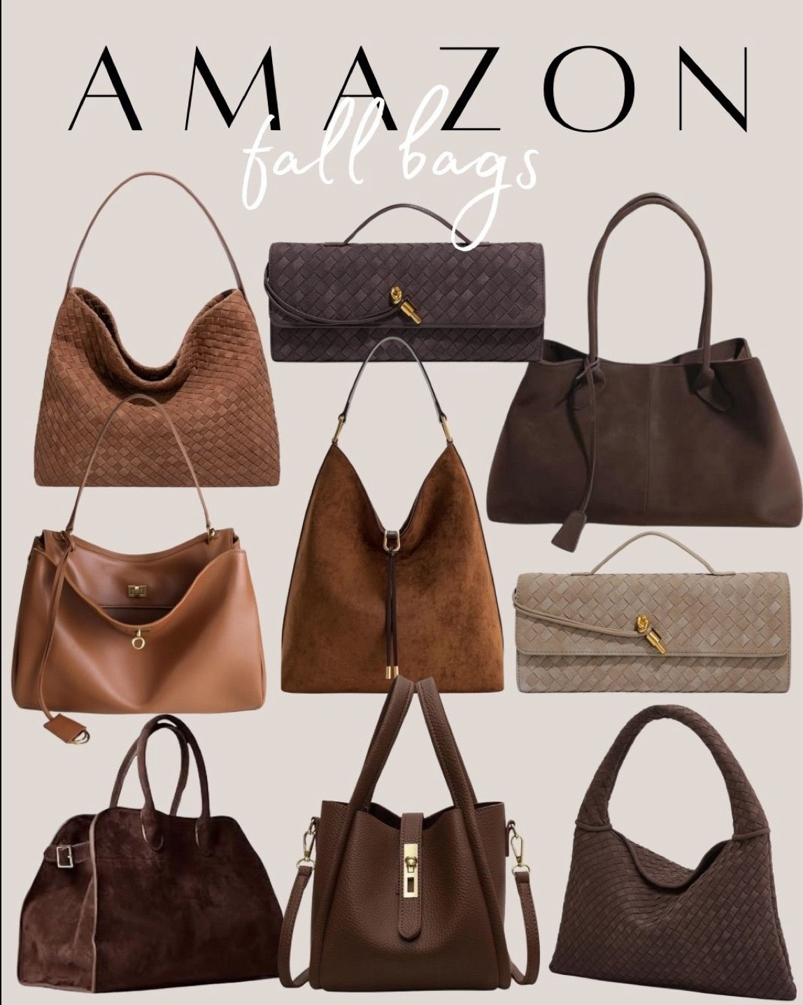 It’s giving cozy chic.
These Amazon fall bags are the perfect mix of warm tones, textures, and effortless style.
Neutrals, suede, and gold details are having a moment this season 🍁
#LTKBagEdit #AmazonStyle #FallWardrobe #CozyVibesOnly #LTKFallFashion #OOTDInspo

#LTKSaleAlert #LTKSeasonal #LTKStyleTip