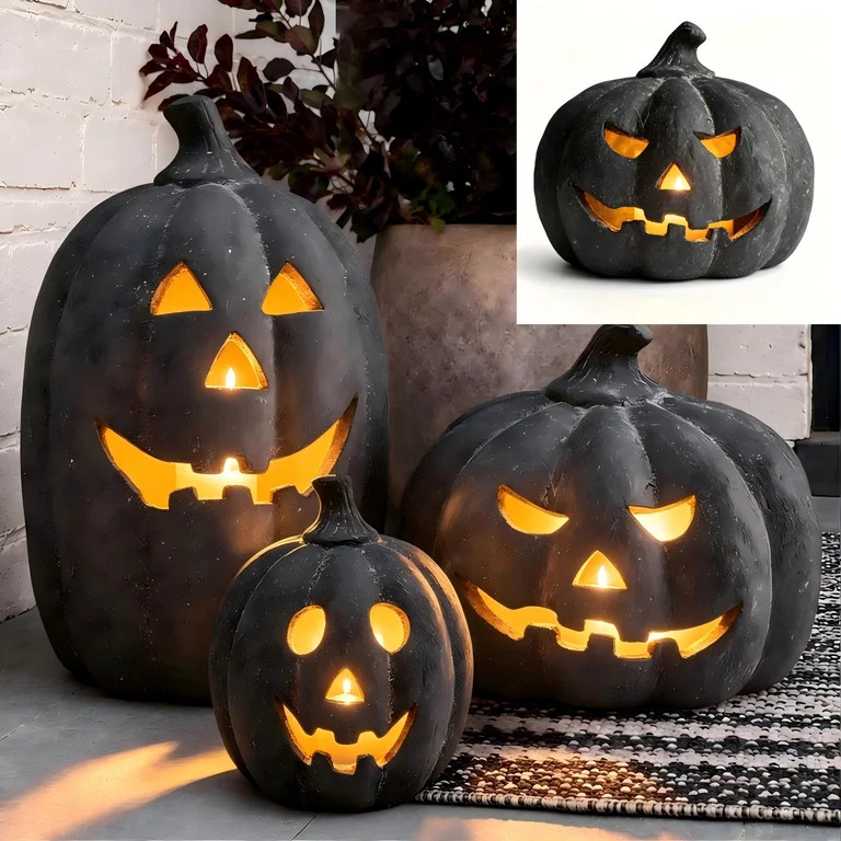 Halloween Decor - Fall Decorations for Home - 10"H Black Handmade Terracotta Jack O Lantern Pumpk... | Walmart (US)