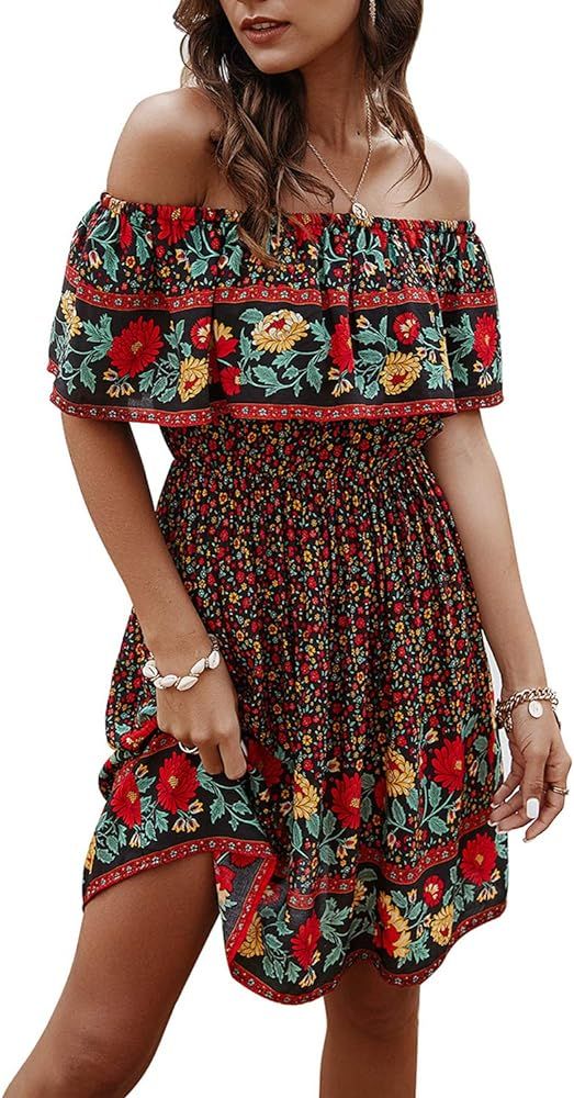 Off Shoulder Boho Floral Swing Mini Dress Summer Strapless Pleated Short Dress | Amazon (US)