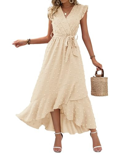 BTFBM Boho Dresses for Women 2026 Summer Fashion Cap Sleeve Swiss Dot Flowy Ruffle Beach Wedding Cocktail Maxi Dress(Beige, Small) | Amazon (US)