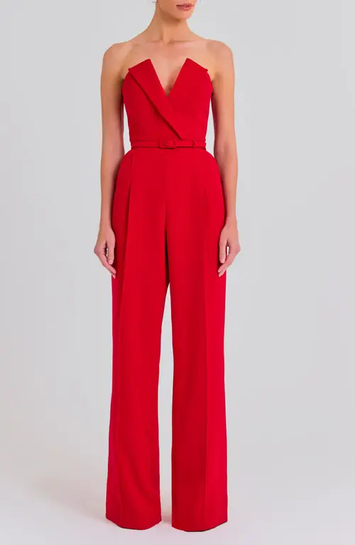 NADINE MERABI Tuxedo Belted Strapless Wide Leg Jumpsuit in Red at Nordstrom, Size 6 | Nordstrom