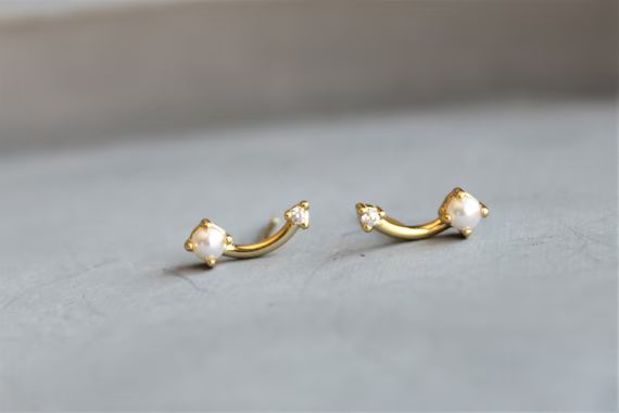 Studs, Gold Earrings, Stud Earrings, Gold Earrings, CZ & Pearl Earrings, Earrings for Women, Brid... | Etsy (US)