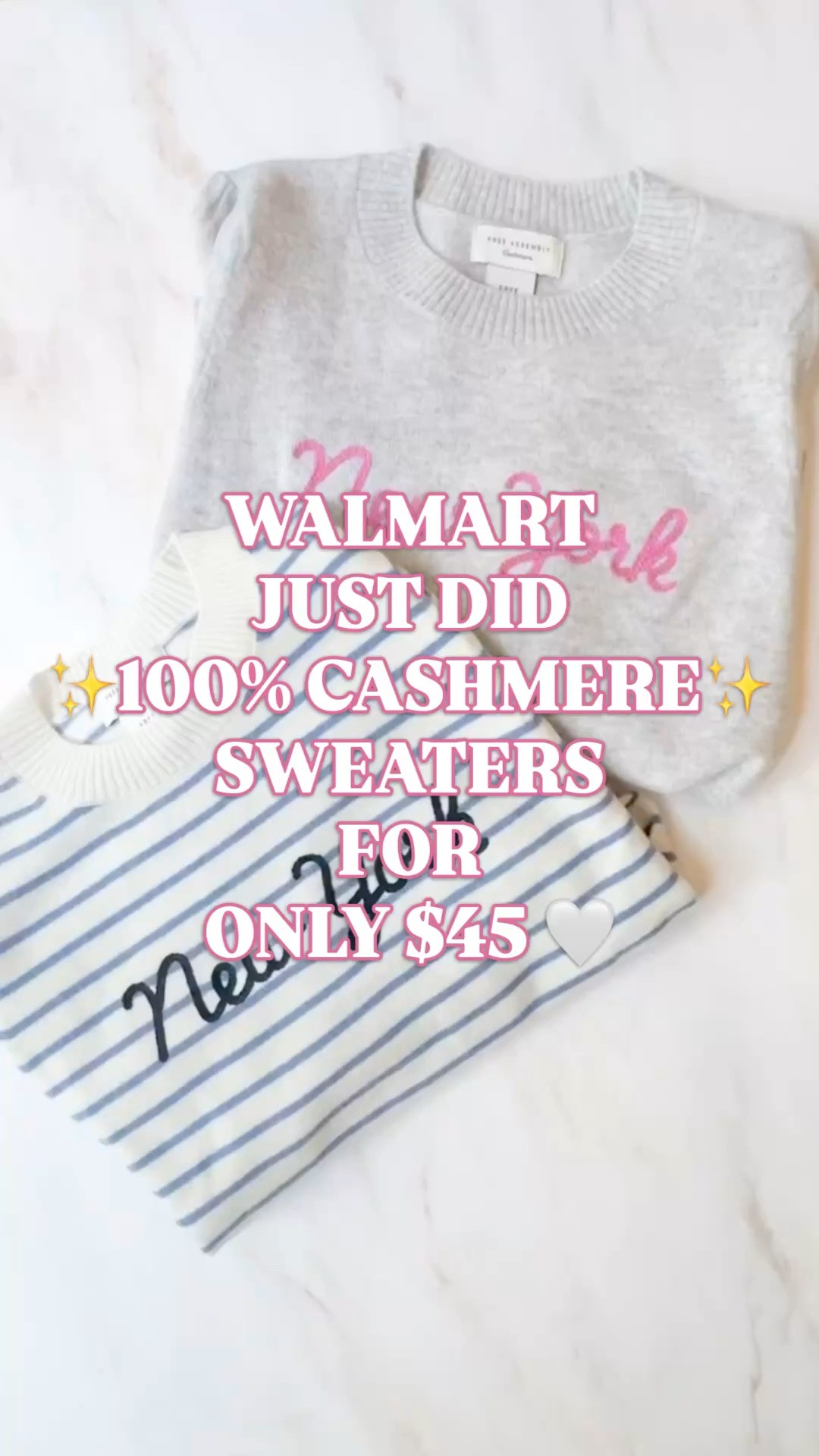 Walmart cashmere sweater, 100% cashmere sweater, cashmere sweater women, cashmere under $50, luxury look for less, Lingua Franca inspired sweater

Walmart doing 100% cashmere sweaters for $45 feels illegal in the best possible way.

These are actual 100% cashmere with embroidered New York lettering, a polished crewneck shape, puff sleeves, ribbed trim, and that soft, expensive-feeling knit women usually expect to pay way more for.

And the cherry on top: they have very Lingua Franca sweater energy without the $400 price tag.

The gray with pink lettering feels playful and feminine. The blue stripe feels classic, coastal, and very easy to style. Both give that luxury sweater look for dramatically less.

Why these are worth opening:
✨ 100% cashmere
✨ only $45
✨ Lingua Franca inspired
✨ embroidered New York detail
✨ puff sleeve shape
✨ soft midweight knit
✨ designer look for less
✨ Walmart price tag

Wear them with white denim, trousers, jeans, skirts, flats, sneakers, loafers, or shorts for spring outfits, travel outfits, casual work outfits, weekend outfits, coffee runs, and elevated everyday style.

If you love cashmere sweaters, Walmart fashion finds, luxury items on a budget, designer look for less, Lingua Franca style, embroidered sweaters, New York sweaters, striped sweaters, preppy outfits, coastal style, J.Crew inspired style, Tuckernuck inspired finds, and expensive-looking basics, this is the kind of find that makes paying $400 feel very optional.

Walmart cashmere sweater, 100% cashmere sweater women, cashmere sweater under 50, Free Assembly sweater, Lingua Franca inspired sweater, designer sweater look for less, New York sweater, striped cashmere sweater, embroidered sweater women, luxury look for less, Walmart fashion finds, viral Walmart find, affordable luxury fashion

#LTKFindsUnder50 #LTKFindsUnder100 #CashmereSweater #GoingViral #LookForLess #WalmartStyle #WalmartFinds 

#LTKOver40 #LTKMothersDay #LTKWorkwear