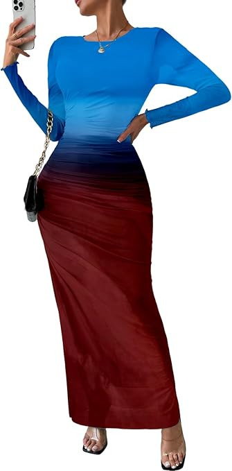 MARZXIN Women Long Sleeve Maxi Dress Bodycon Ruched Formal Slim Fit Tie Dye Dress Formal Mesh Dre... | Amazon (US)
