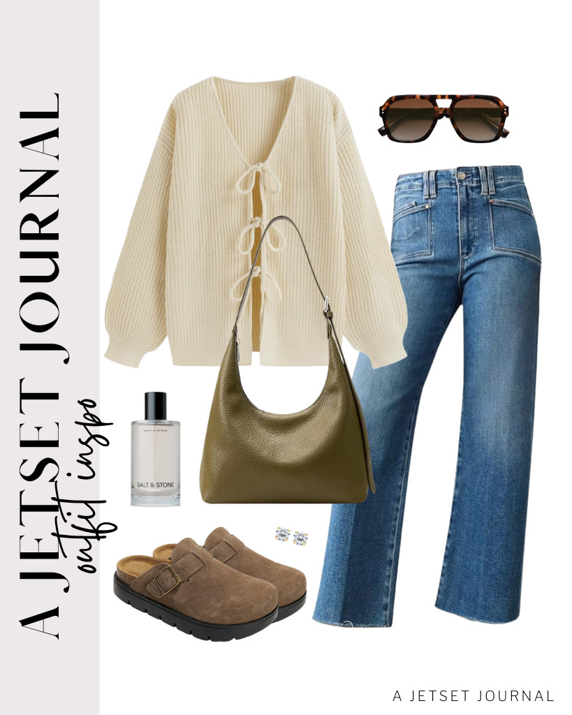 Start with this beige CIDER cardigan sweater paired with Astylish wide-leg jeans. Pair this KALIDI crescent shoulder bag with Project Cloud leather platform clogs to complete the look.  

 #LTKSeasonal #LTKSaleAlert #LTKTravel