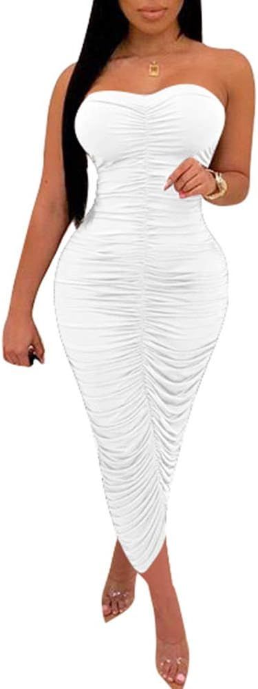 BEAGIMEG Women's Sexy Ruched Strapless Bodycon Tube Maxi Long Club Dress | Amazon (US)