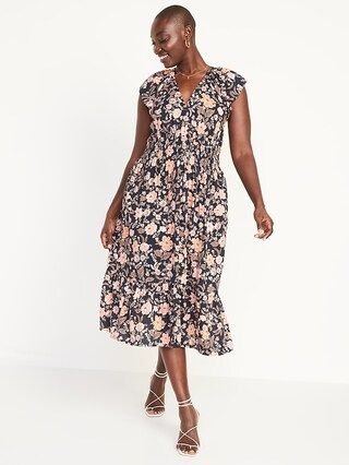 Waist-Defined Flutter-Sleeve Floral-Print Smocked Midi Dress for Women | Old Navy (US)