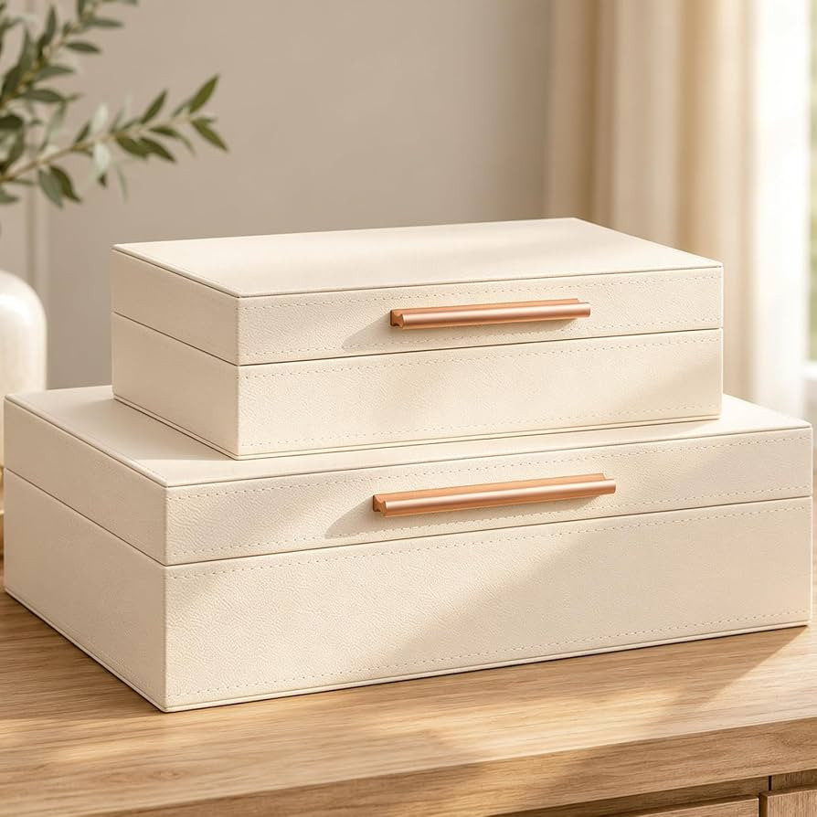 Decorative Storage Boxes with Lids, 2 Pack, PU Leather Organizer Bins | Amazon (US)