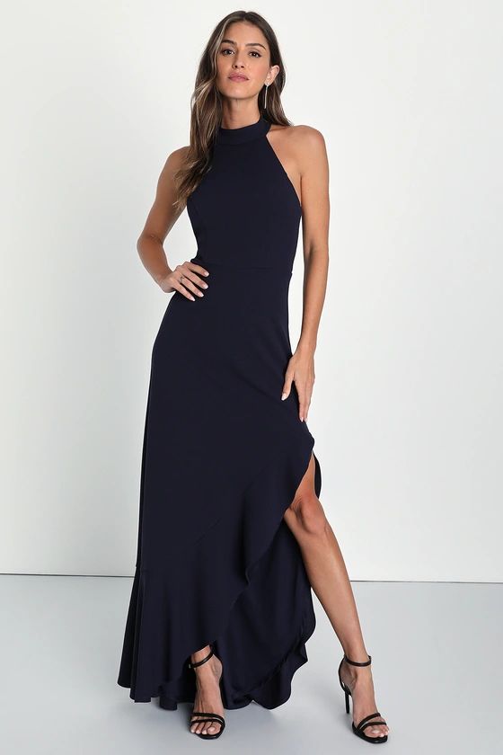 Majestic Perfection Navy Blue Ruffled Halter Maxi Dress | Lulus (US)