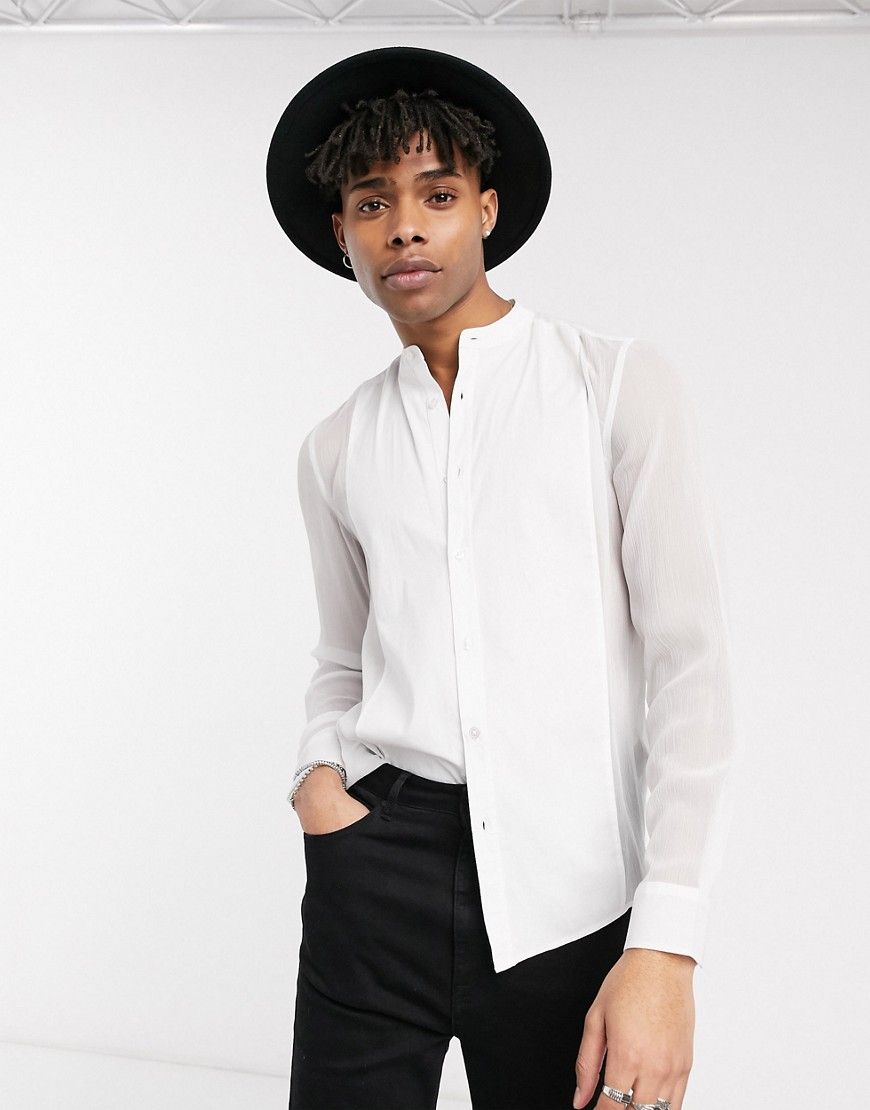 ASOS DESIGN regular fit sheer shirt with contrast bib & mandarin collar-White | ASOS (Global)